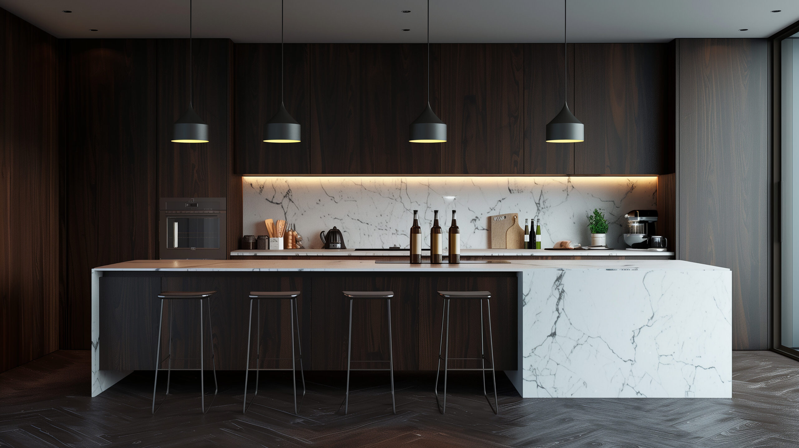 Minimalist kitchen with white marble island, dark wooden cabinetry, and pendant lighting for a modern industrial touch. interior design concept