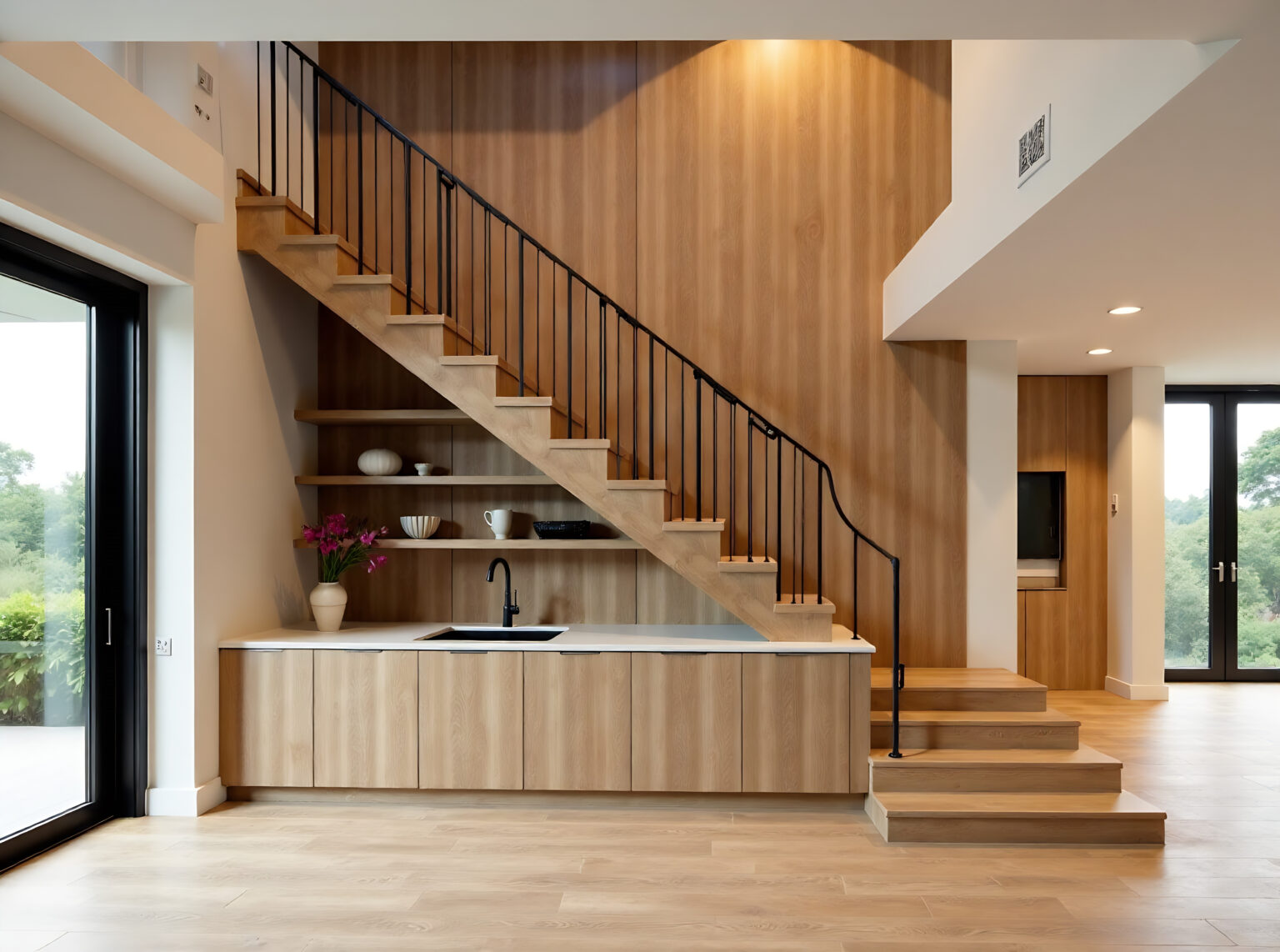 Luxury contemporary interior design in a multi storey home with sleek wooden stairs and custom cabinets under them for storage