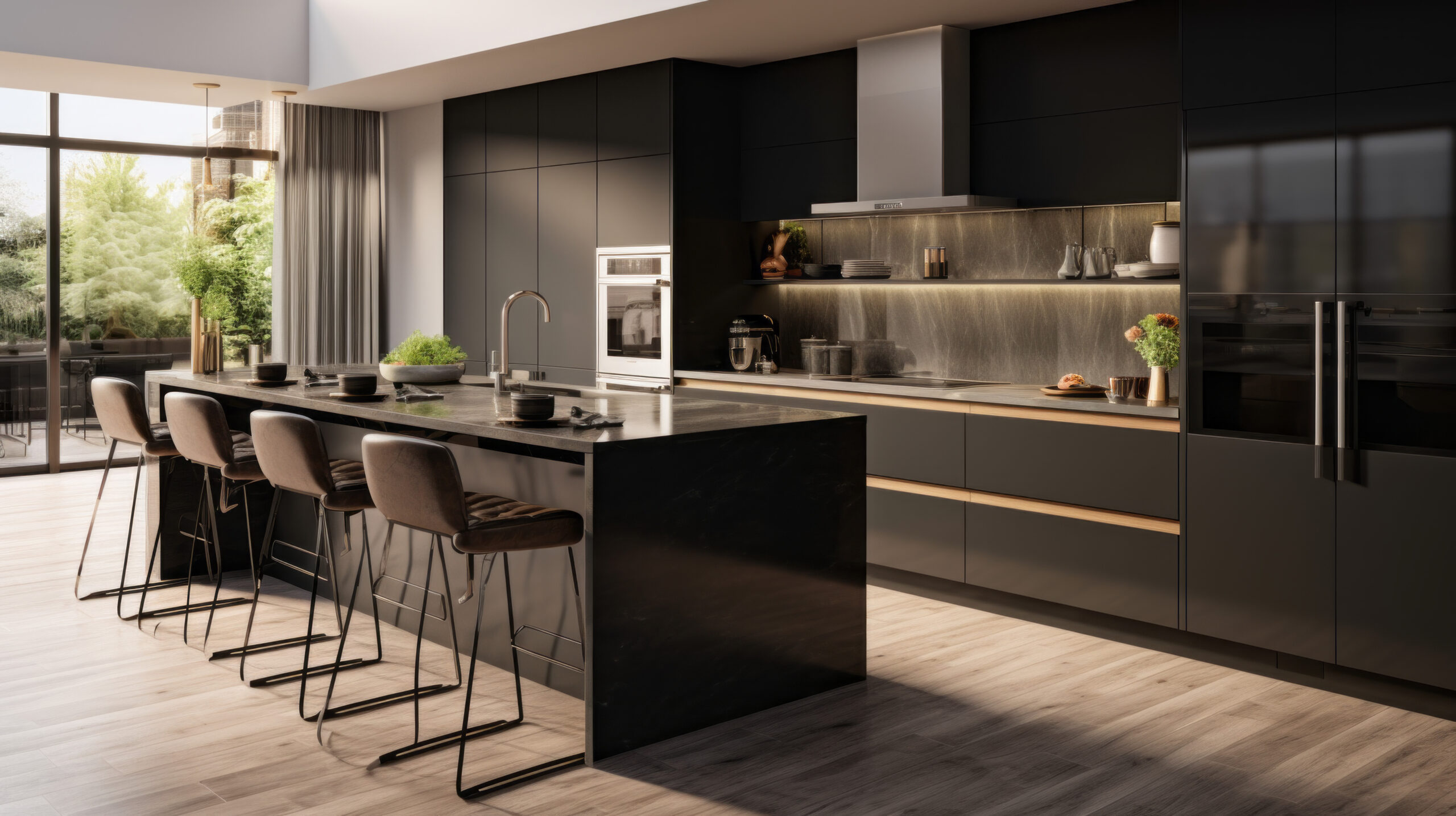 a modern kitchen with black cabinets and stainless-steel appliances and a large island counter