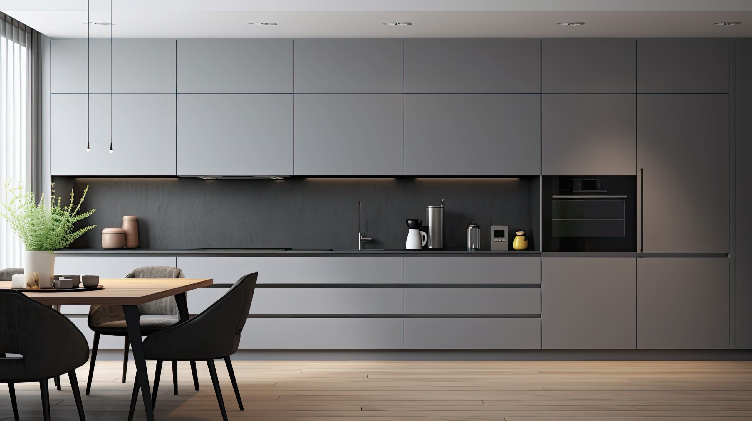 minimalist kitchen grey cabinets illustration matte finish, clean understated, color scheme minimalist kitchen grey cabinets